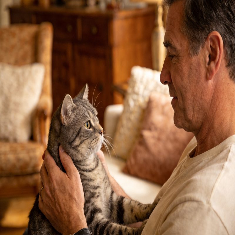 Photo of Michael R. with his handcrafted pet memorial tribute
