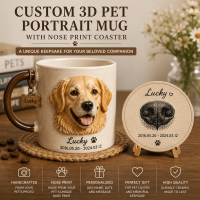 Custom 3D Pet Portrait Mug with Nose Print Coaster – Personalized Dog & Cat Memorial Gift